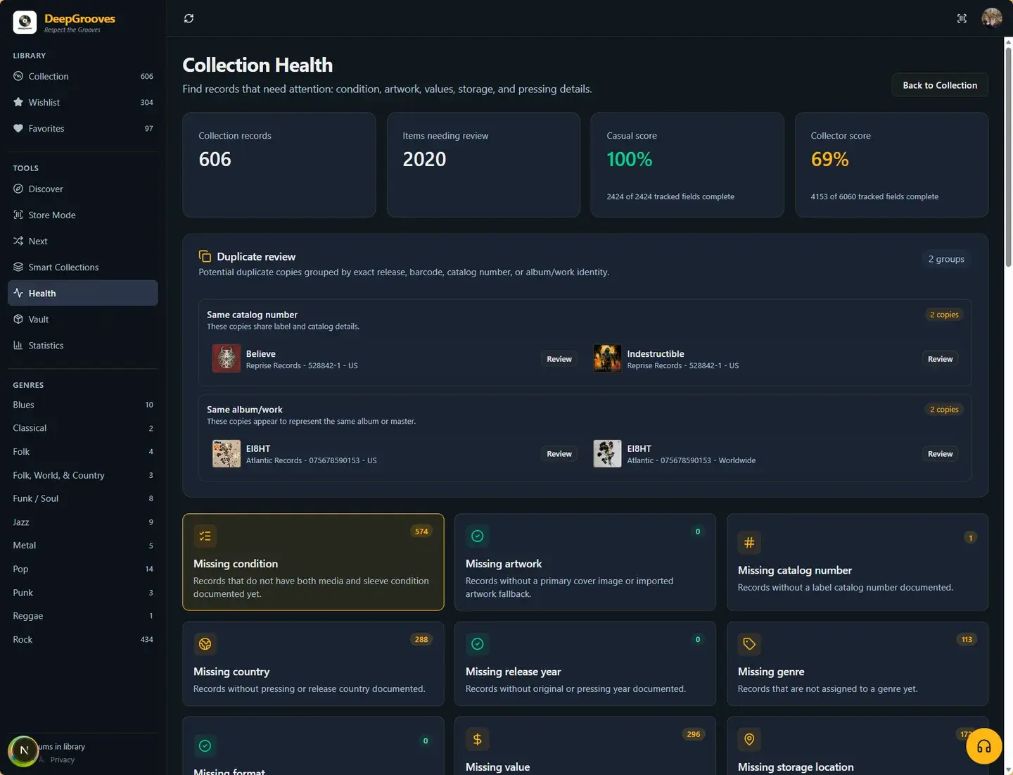 DeepGrooves Collection Health view